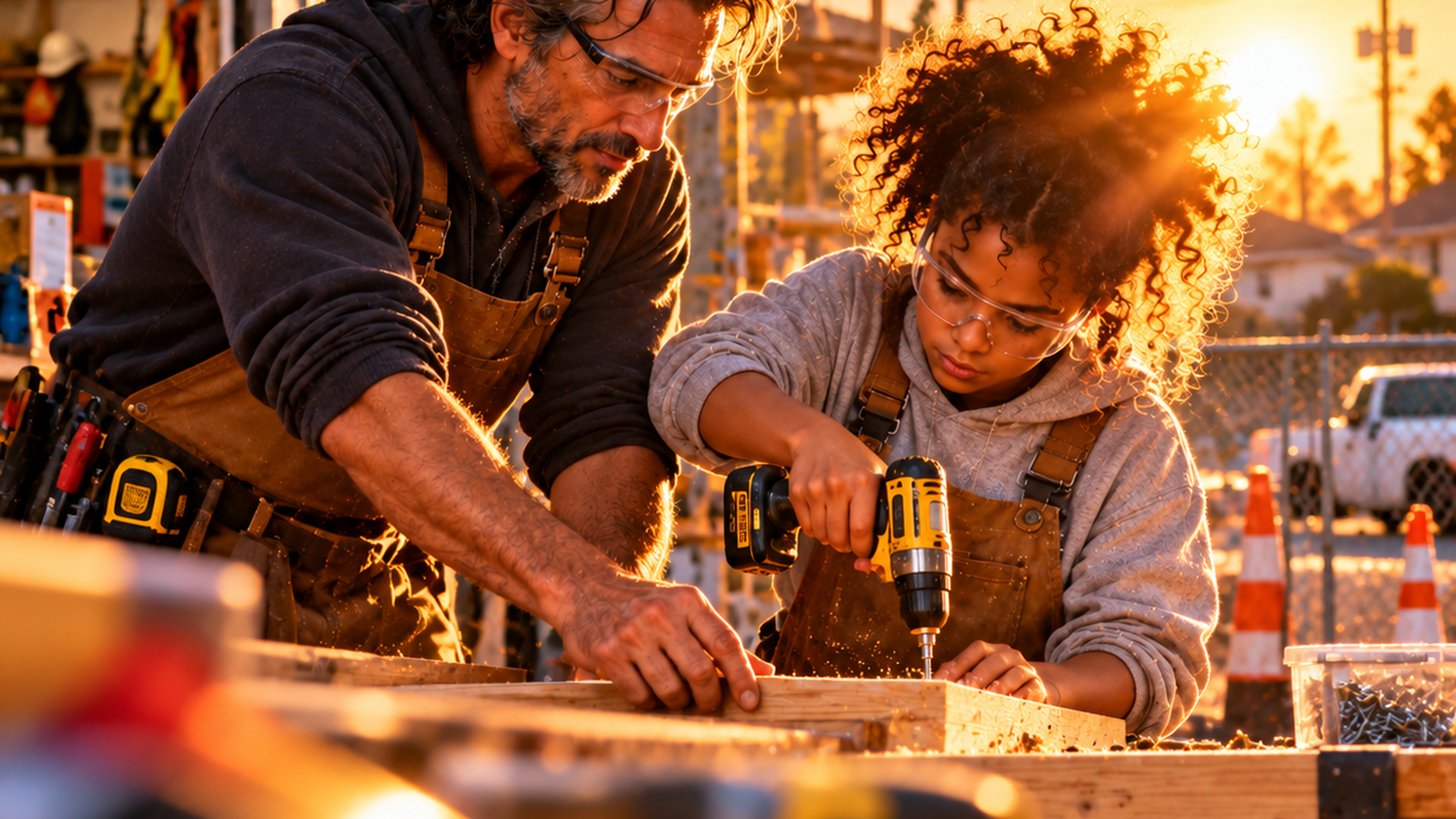 A skilled-work mentor guiding a young person using a drill at an outdoor workshop in golden-hour light